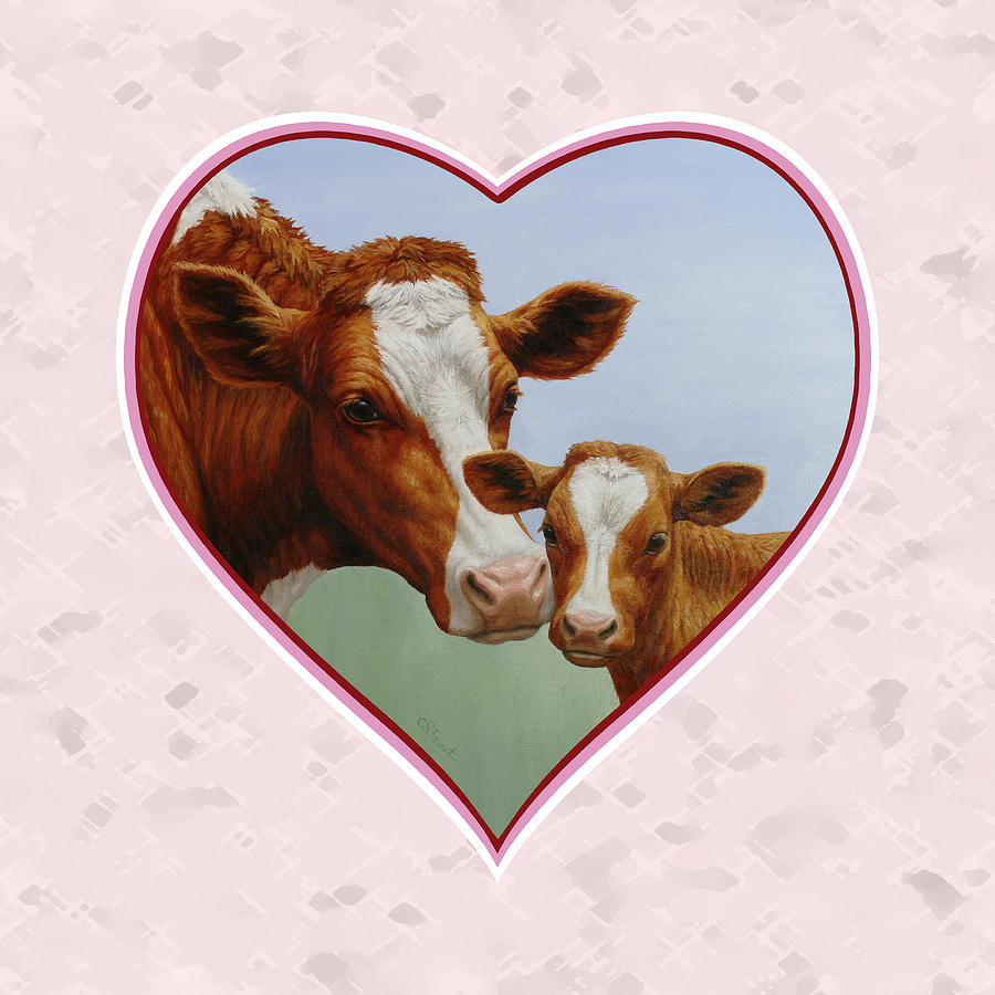 Cow Painting - Cow and Calf Pink Heart by Crista Forest