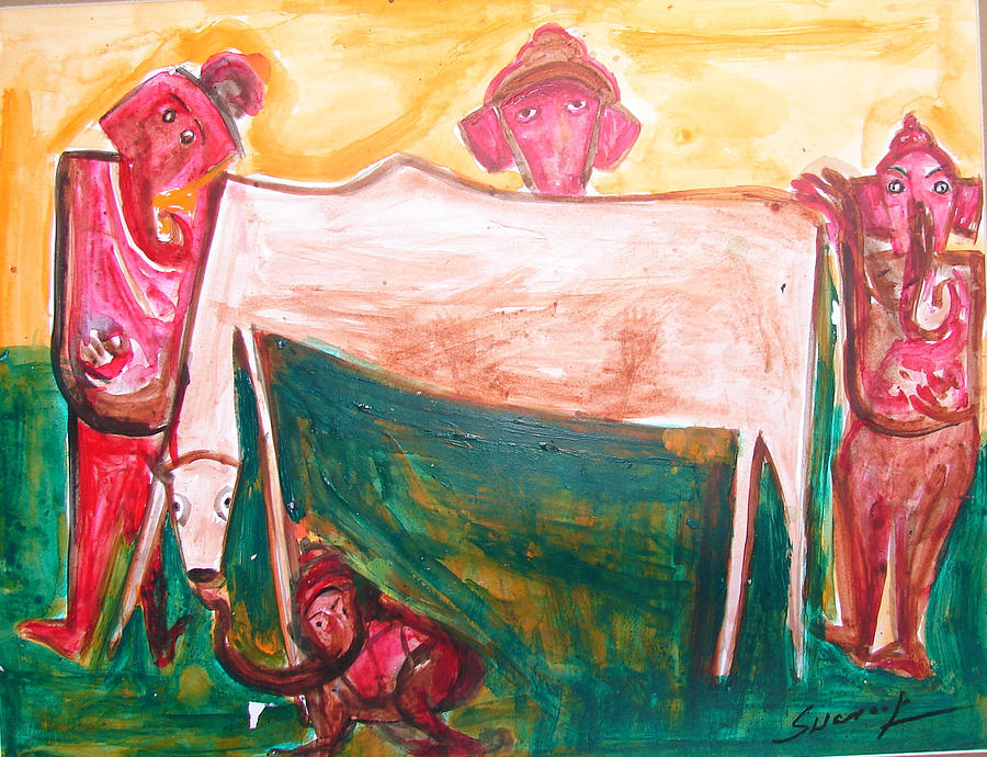 Cow And Gansha-a10 Painting by Anand Swaroop Manchiraju