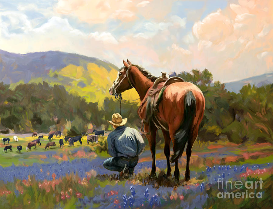 Cow Painting - Cowboy and his cows by Tim Gilliland