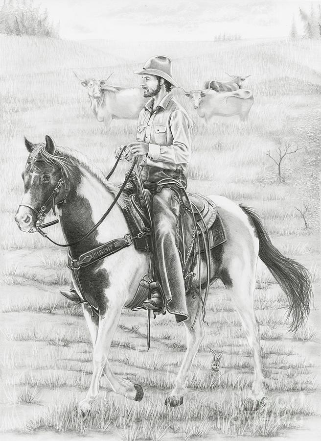 Cowboy and Horse No Fences Drawing by Murphy Elliott