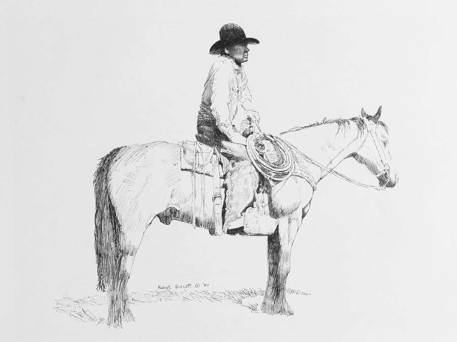Cowboy And Horse Drawing by Robert Bissett
