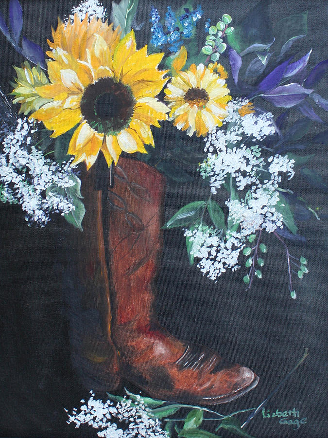 Cowboy Boots n flowers Painting by 