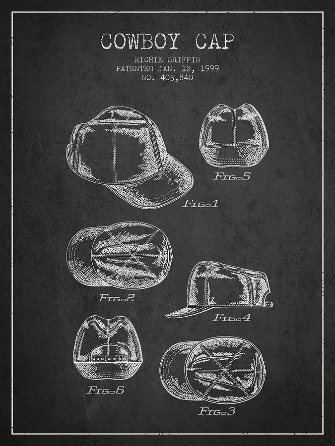 Baseball Digital Art - Cowboy Cap Patent - Charcoal by Aged Pixel
