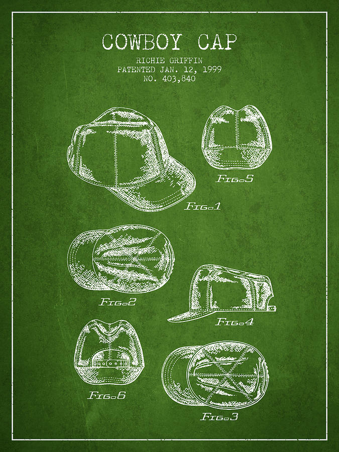 Baseball Digital Art - Cowboy Cap Patent - Green by Aged Pixel