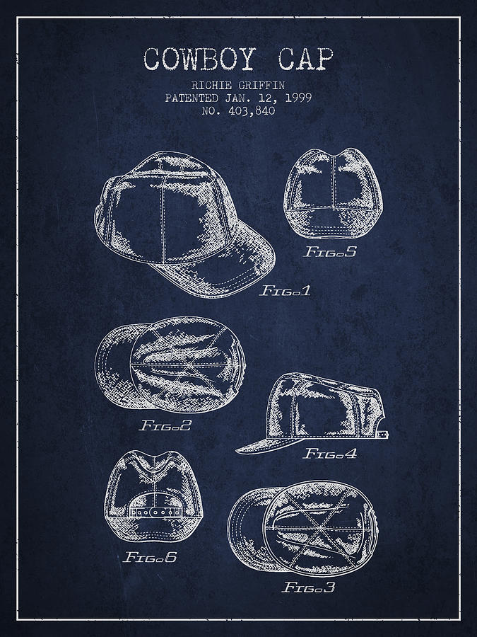 Baseball Digital Art - Cowboy Cap Patent - Navy Blue by Aged Pixel
