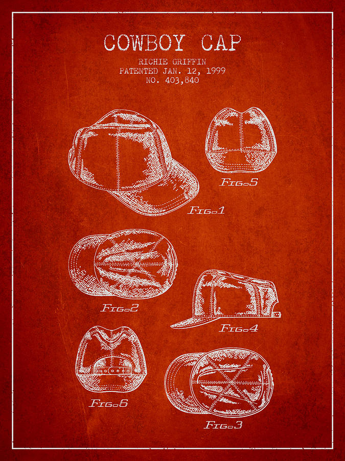 Baseball Digital Art - Cowboy Cap Patent - Red by Aged Pixel
