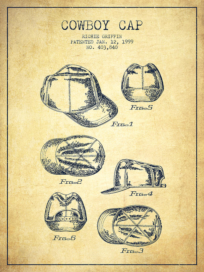 Baseball Digital Art - Cowboy Cap Patent - Vintage by Aged Pixel