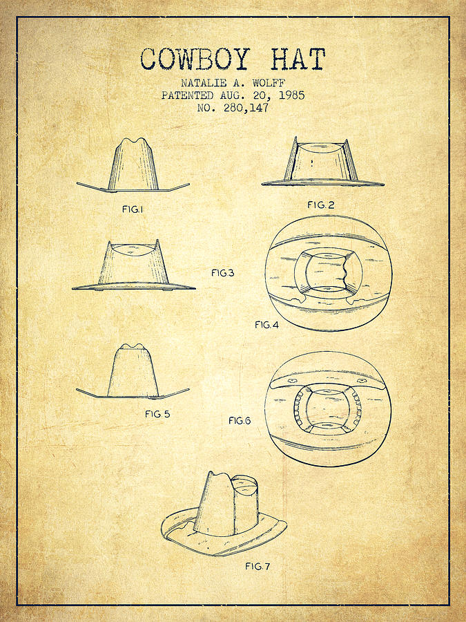 Vintage Digital Art - Cowboy Hat Patent from 1985 - Vintage by Aged Pixel