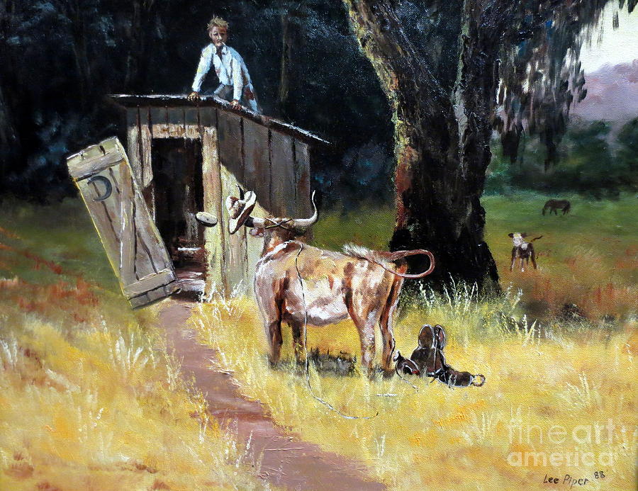 Cowboy On The Outhouse  Painting by Lee Piper