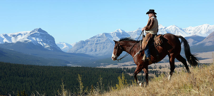 Cowboy Riding With A View Of The Rocky Photograph by Deb Garside