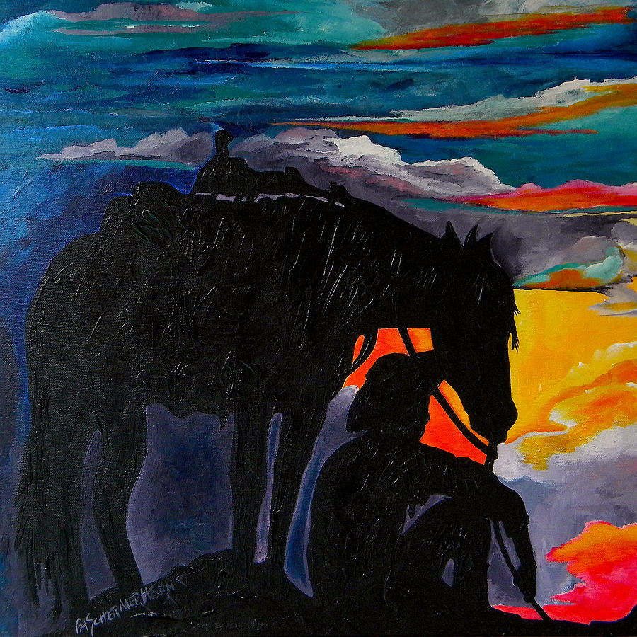 Cowboy Sunset Painting by Patti Schermerhorn