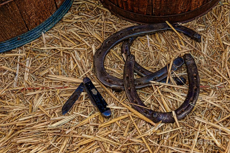 Wild Wild West Photograph - Cowboy theme - horseshoes and whittling knife by Paul Ward