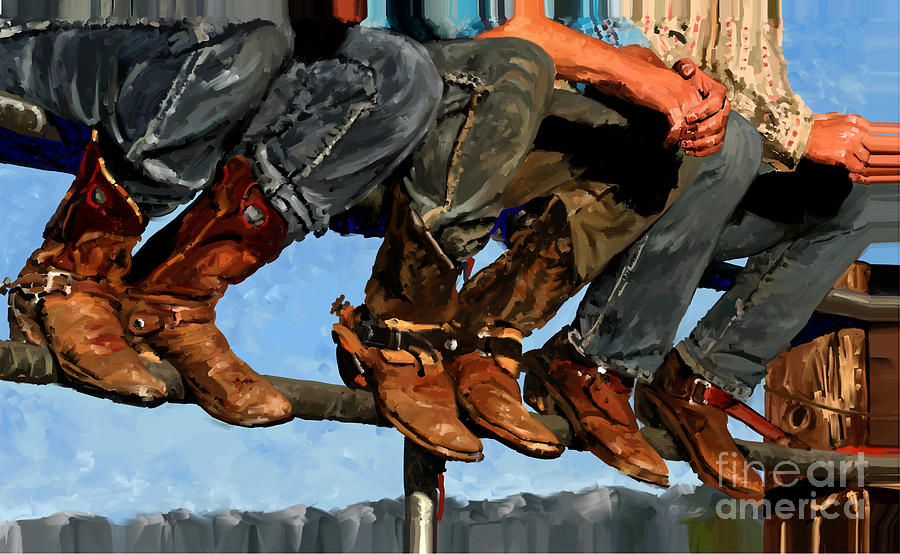 Cowboys on a fence Painting by Tim Gilliland