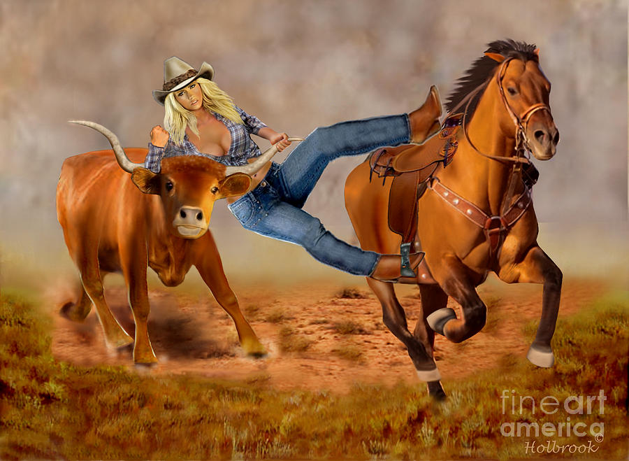 Cowgirl Steer Wrestling Digital Art by Glenn Holbrook