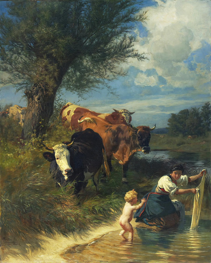 Cows and washerwomen near a brook Painting by Rudolf Koller
