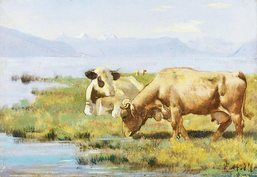 Ferdinand Hodler Painting - Cows at Lakeshore by Ferdinand Hodler