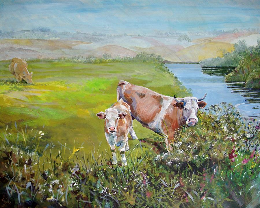 Cows by river Painting by Mike Jory