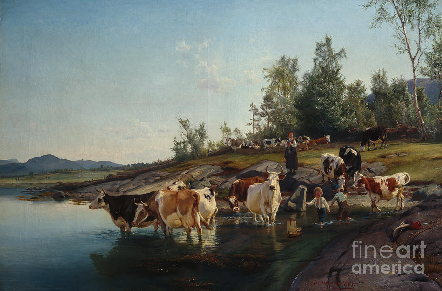 Cows by sea Painting by Anders Askevold