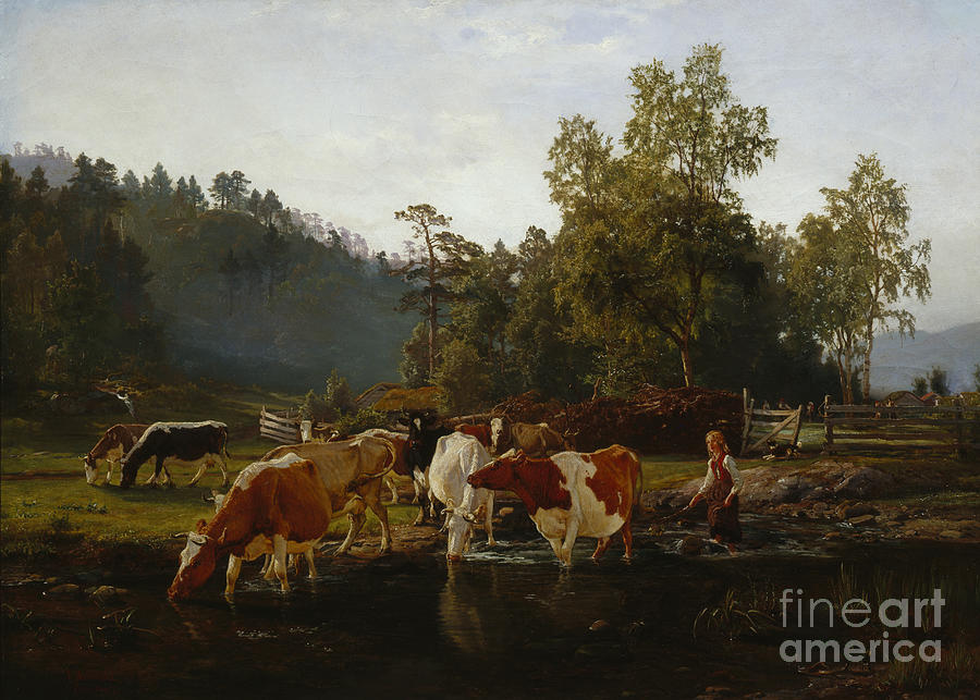 Cows by the river Painting by Anders Askevold