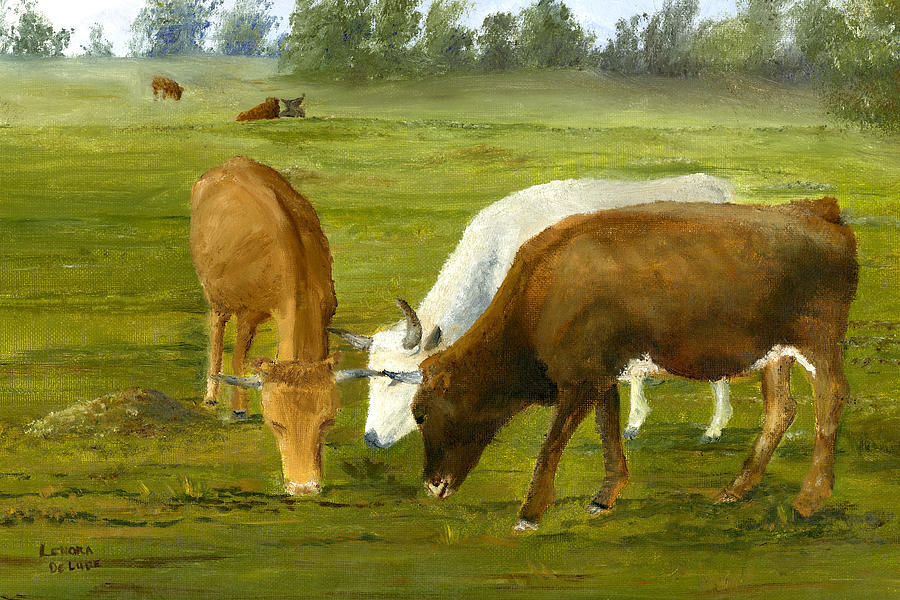 Cows Gossip Session in Louisiana Pasture Painting by Lenora  De Lude