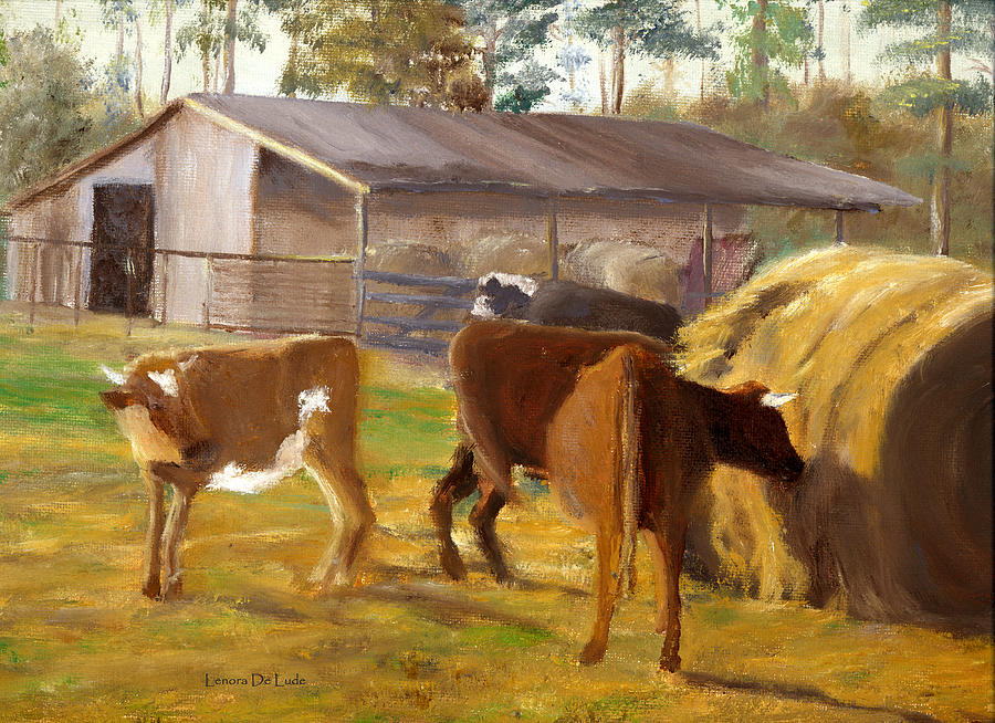 Cows Hay and Barn in Louisiana Painting by Lenora  De Lude