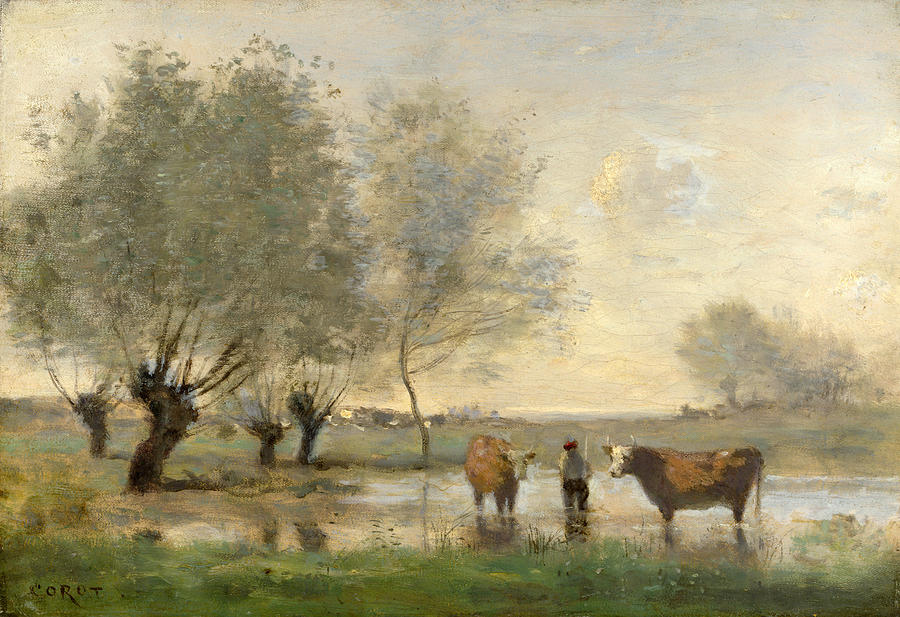 Cows in a Marshy Landscape Painting by Jean-Baptiste-Camille Corot