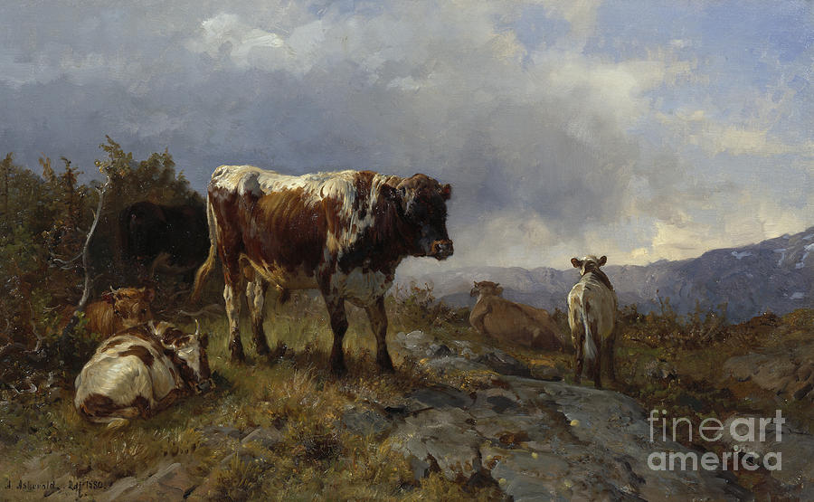 Cows in mountain landscape Painting by Anders Askevold