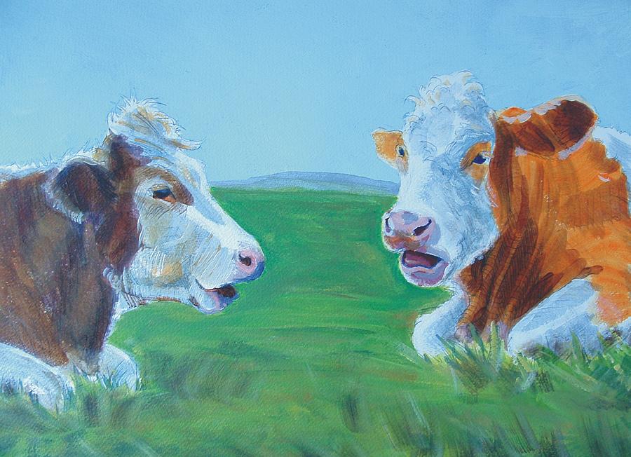 Cows lying down chatting Painting by Mike Jory