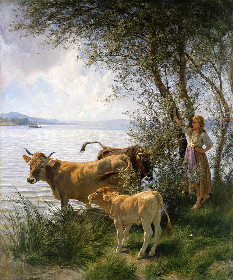 Cows with shepherdess at the lake Painting by Rudolf Koller