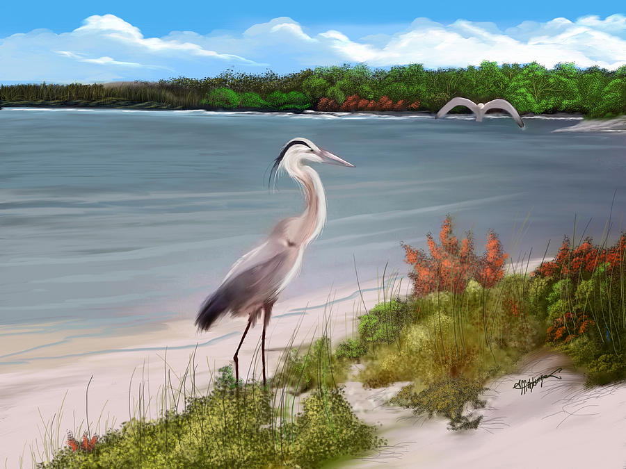 Crane by the sea shore Digital Art by Anthony Fishburne