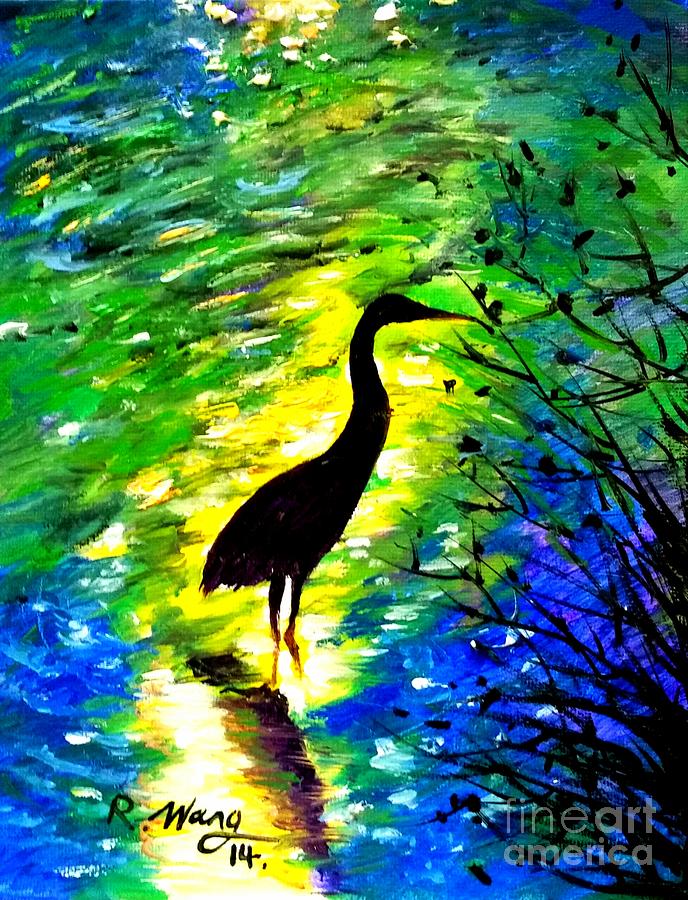 Crane in lake Painting by Rose Wang