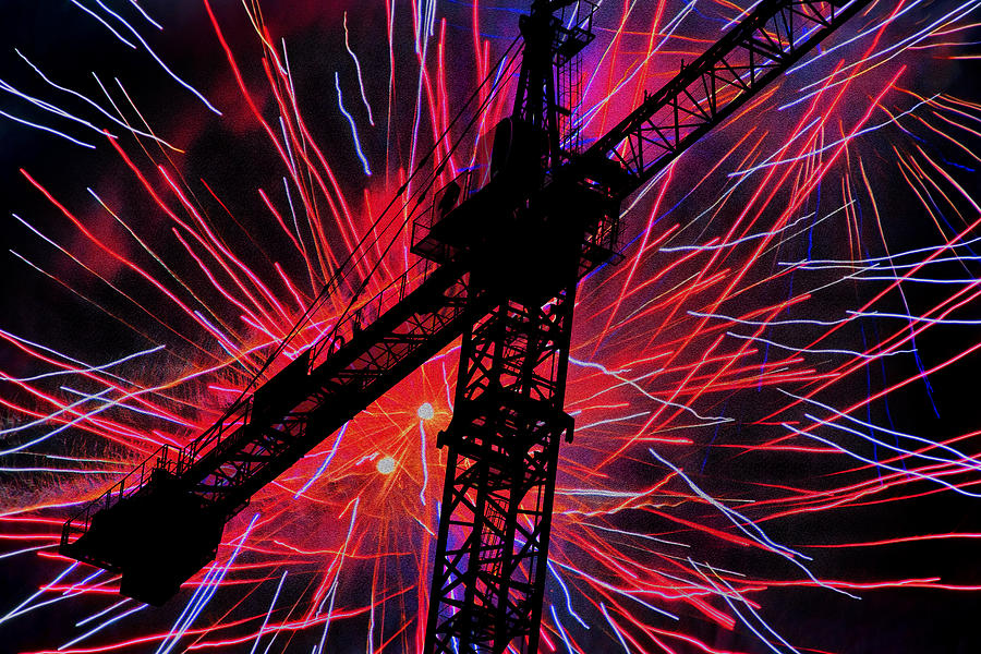 Crane w Fireworks Photograph by Mike Flynn