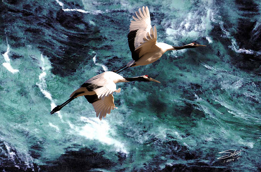Cranes Over the Sea of Japan Painting by M Spadecaller