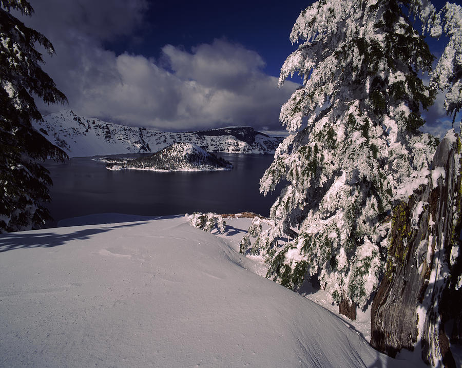 Crater Lake National Park Photograph - Crater Lake In Winter, Wizard Island by Panoramic Images