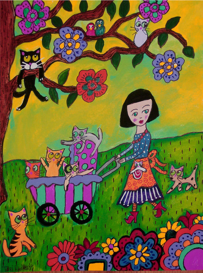 Cat Painting - Crazy cat lady evening stroll by Tori Radford