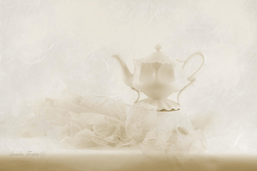 Tea Photograph - Cream Tea Pot And Ruffled Tablecloth - Still Life by Sandra Foster