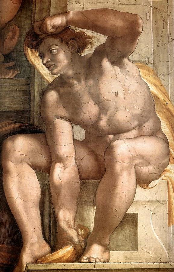 Michelangelo Painting - Creation of Eve - Ignudo detail by Michelangelo Buonarroti