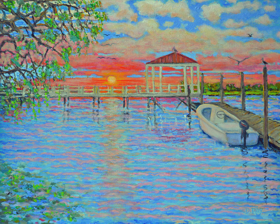 Creek Club Docks at Sunset Painting by Dwain Ray