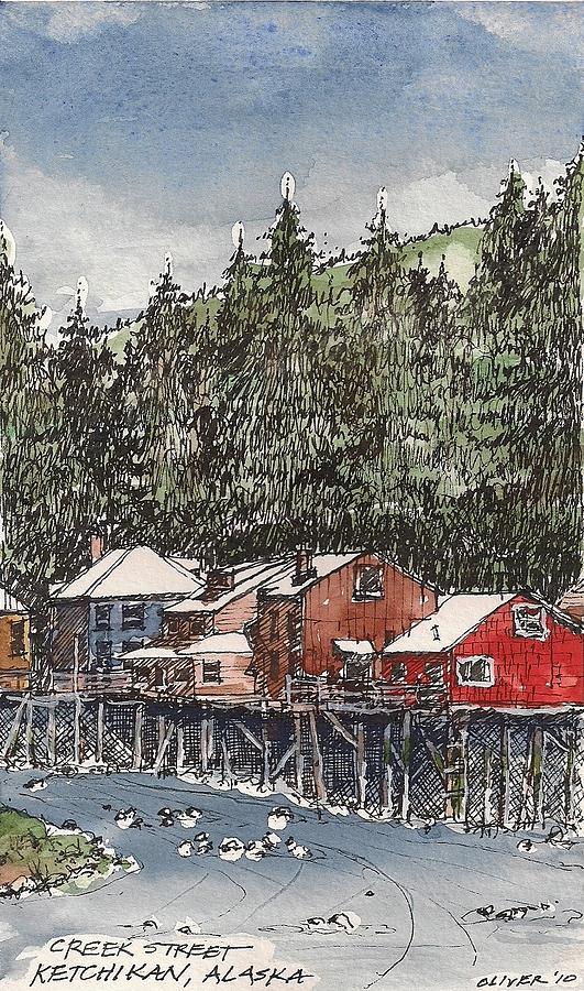 Watercolor Mixed Media - Creek Street in Ketchikan by Tim Oliver