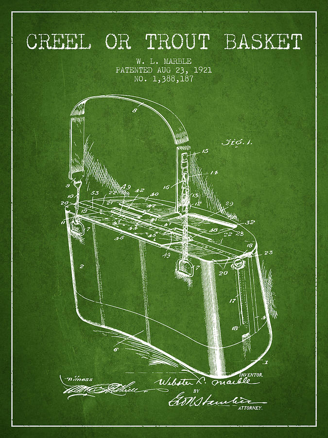 Fish Digital Art - Creel or Trout Basket Patent from 1921 - Green by Aged Pixel