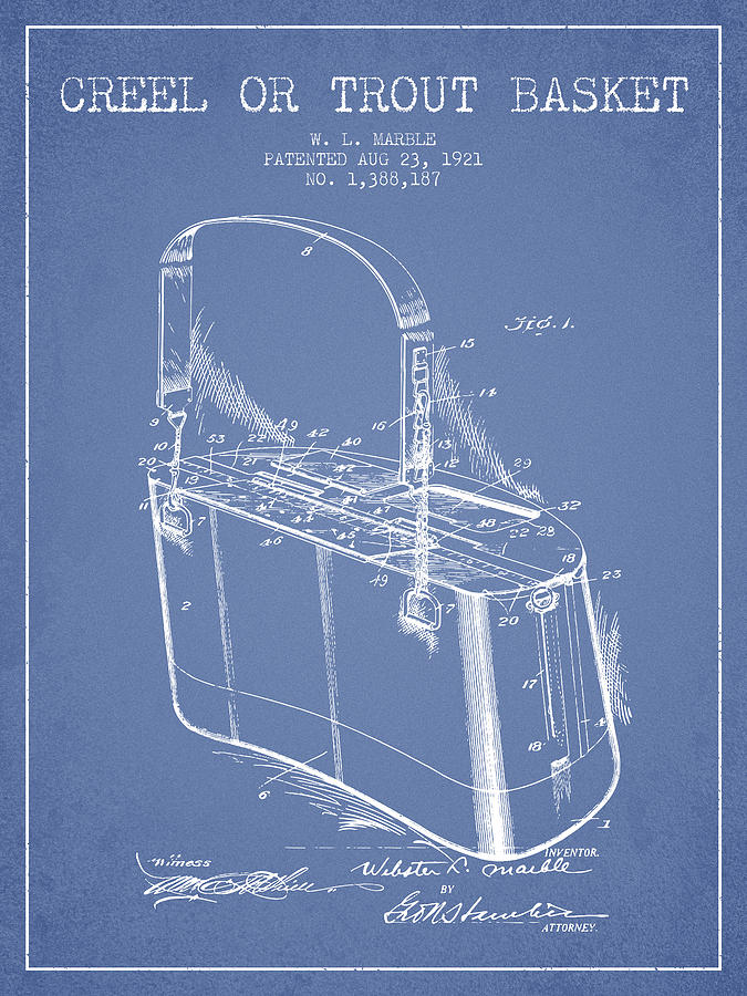 Creel Or Trout Basket Patent From 1921 - Light Blue Digital Art