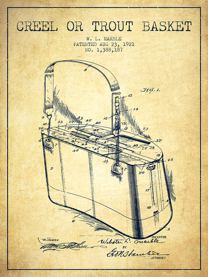 Creel Or Trout Basket Patent From 1921 - Vintage Digital Art