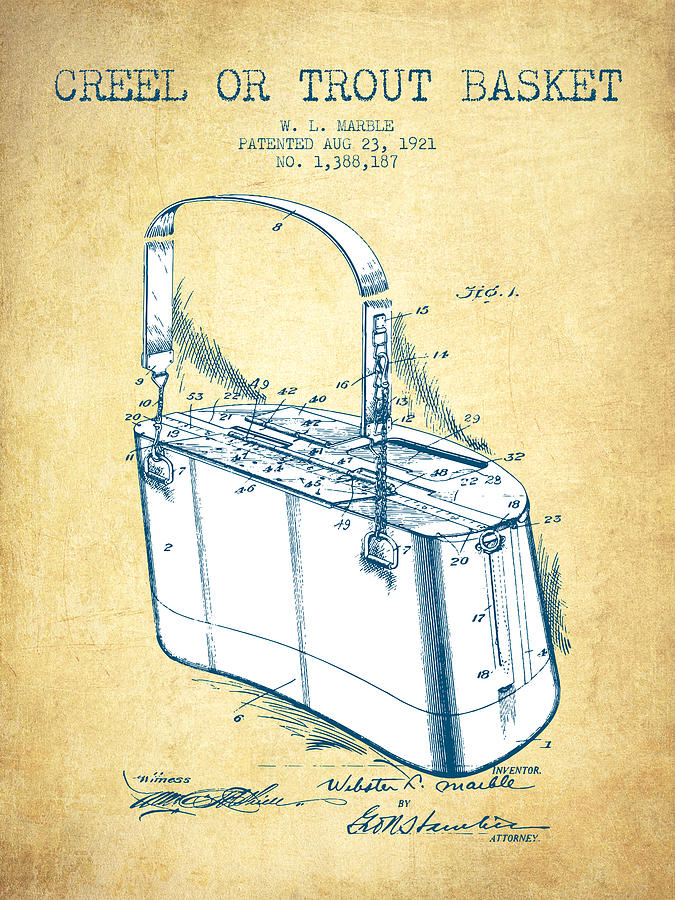Creel Or Trout Basket Patent From 1921 - Vintage Paper Digital Art