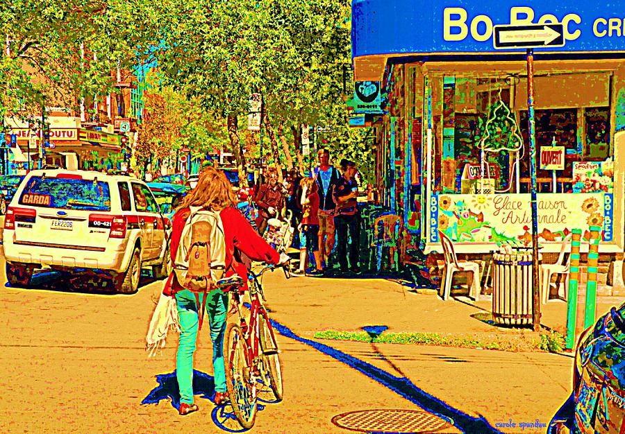 Creme Glacee Bo Bec Ice Cream Shop Line Up On Laurier Sidewalk Cafe Street Scene Carole Spandau Painting by Carole Spandau