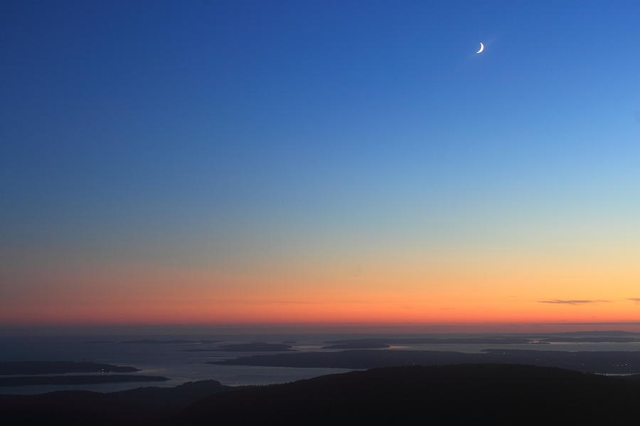 Crescent Moon over Cadillac Mountain Photograph by John Burk