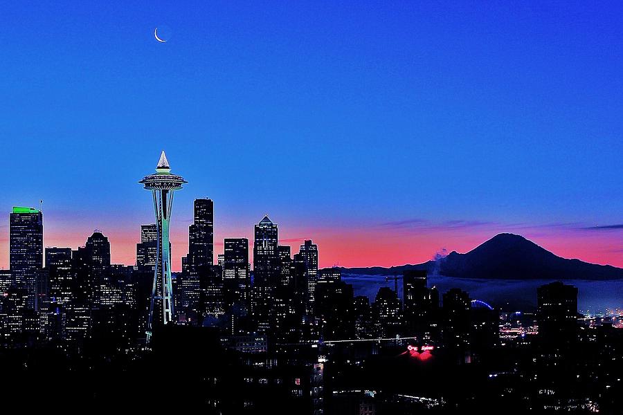 Seattle Photograph - Crescent Moon Over Seattle by Benjamin Yeager