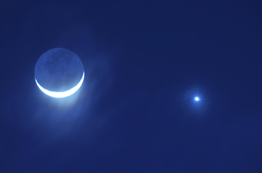 Planet Photograph - Cresent Moon In Conjunction With Venus And The Evening Star by Scott Lenhart