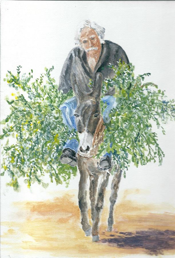 Cretan donkey and owner Painting by David Capon
