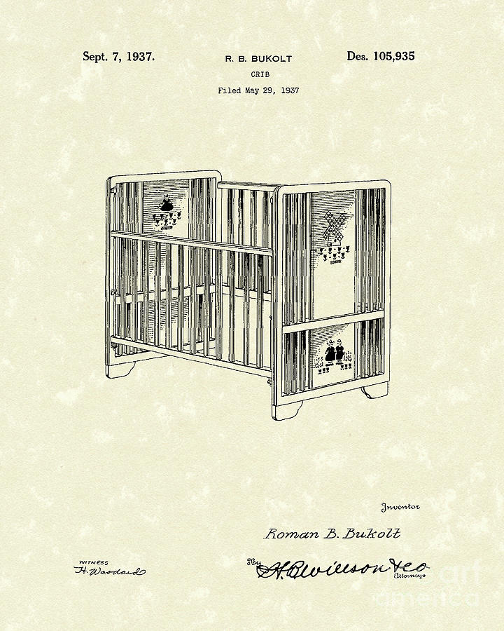 Crib 1938 Patent Art Drawing by Prior Art Design