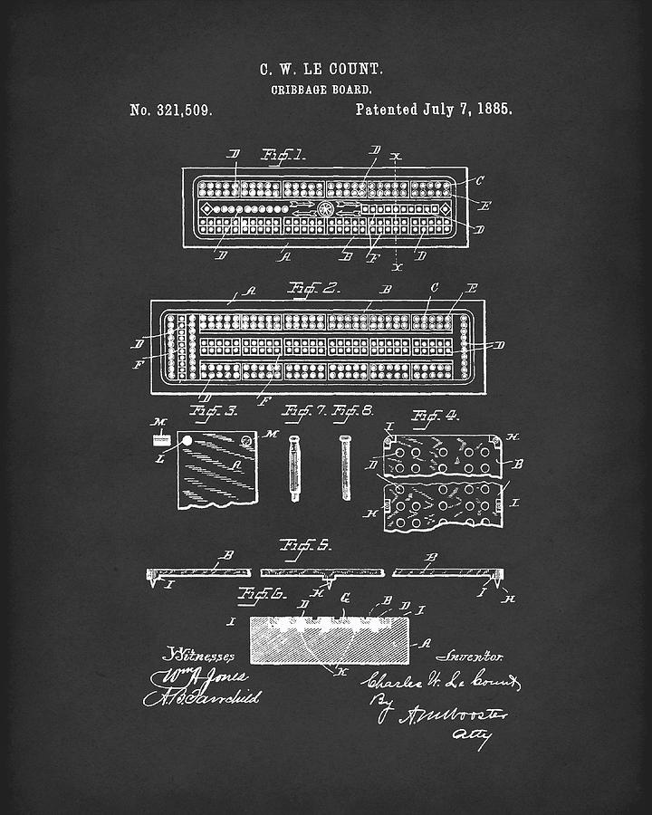 Cribbage Board 1885 Patent Art Black Drawing by Prior Art Design